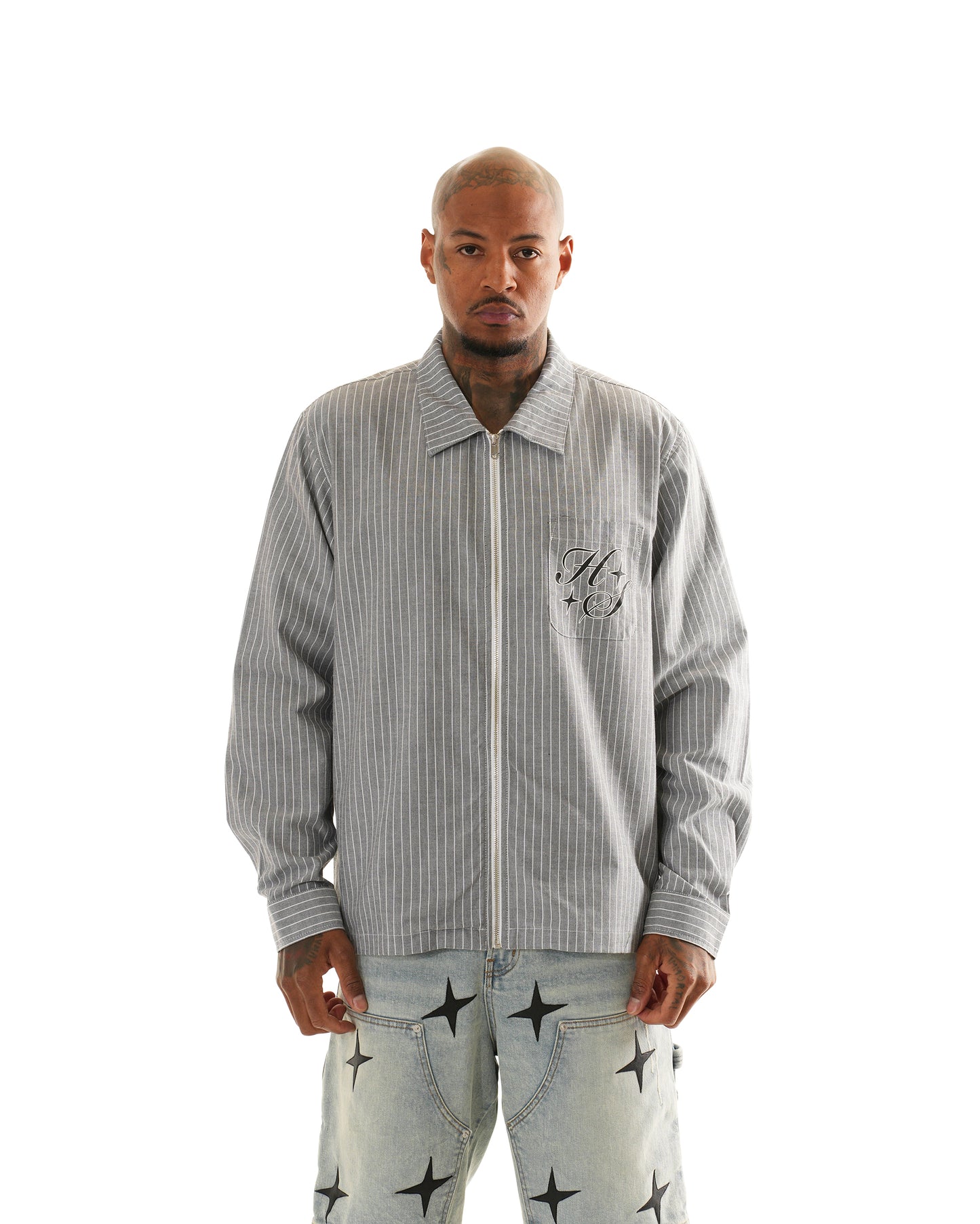 HS BLACK PIN STRIPE ZIP FLANNEL