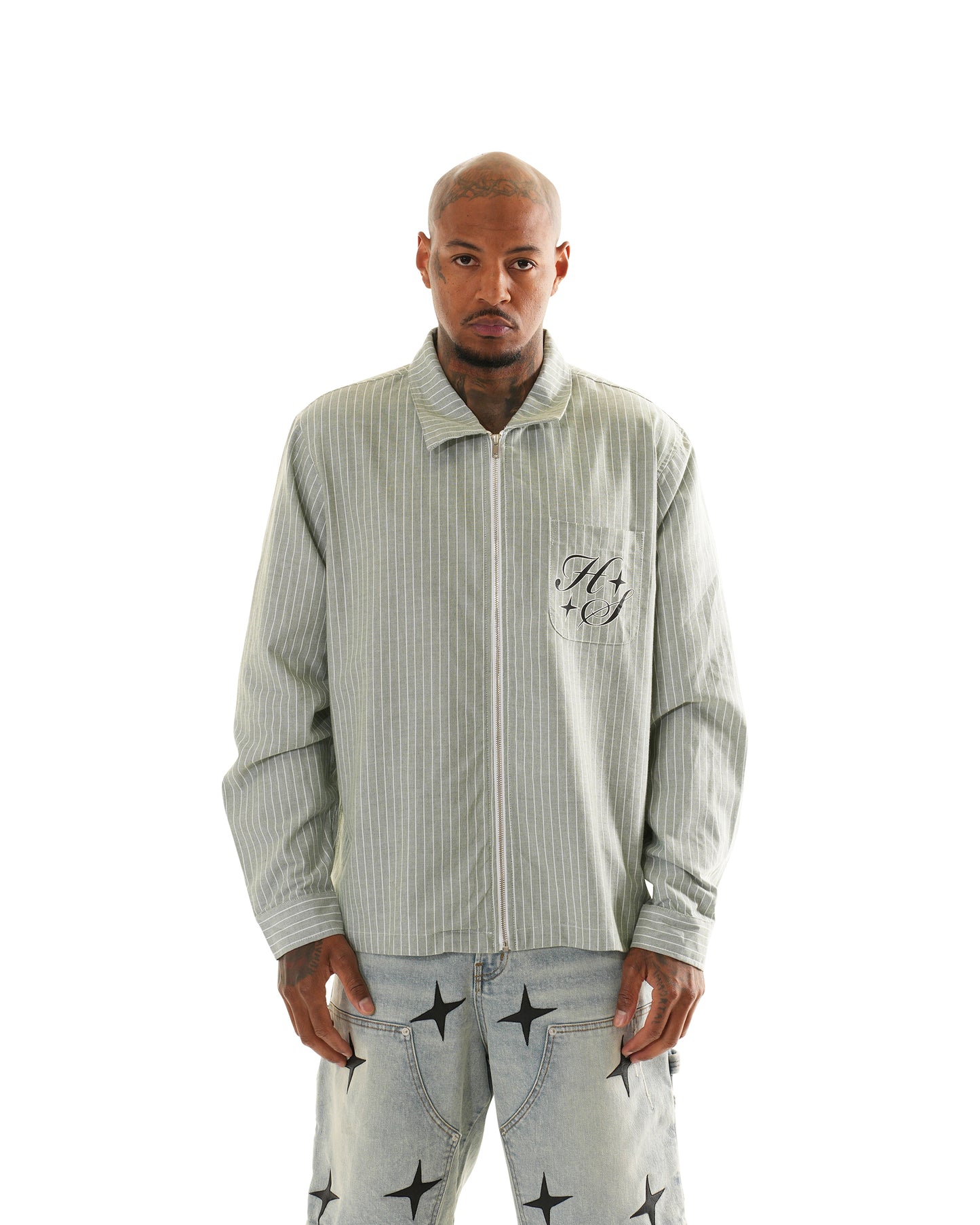 HS GREEN PIN STRIPE ZIP FLANNEL
