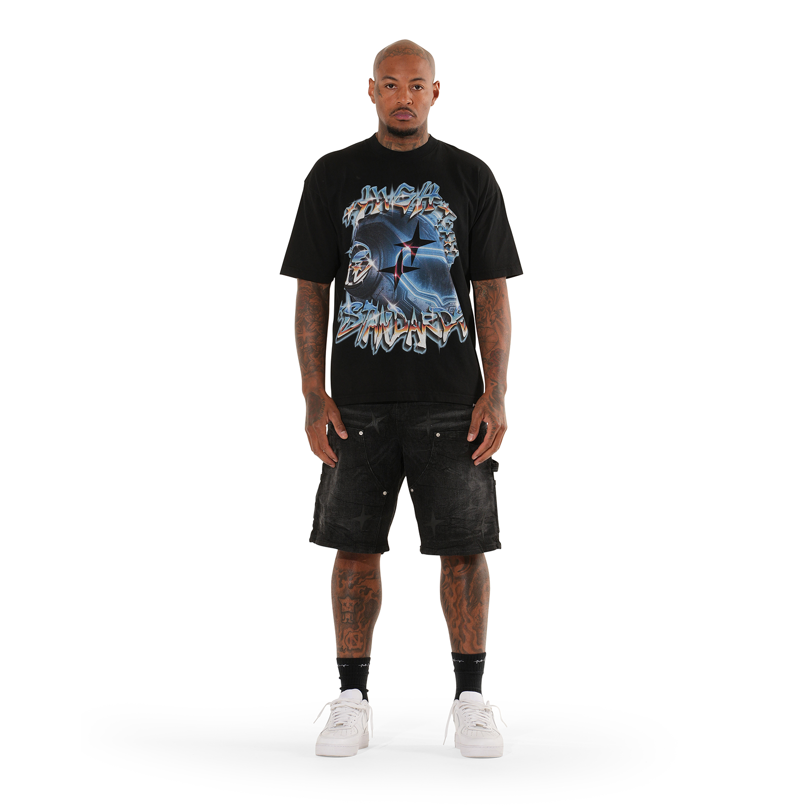 HS BLACK WASH STAR DENIM CARPENTER SHORT